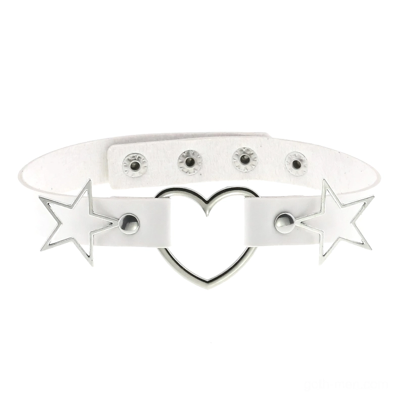White PU leather choker with silver metal heart and star accents, flat lay product shot showcasing minimalist gothic jewelry design