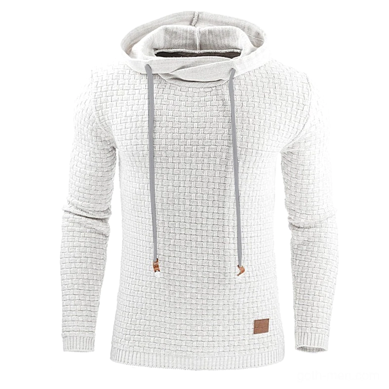 White quilted gothic hoodie sweatshirt for men with grid pattern and orange drawstring details