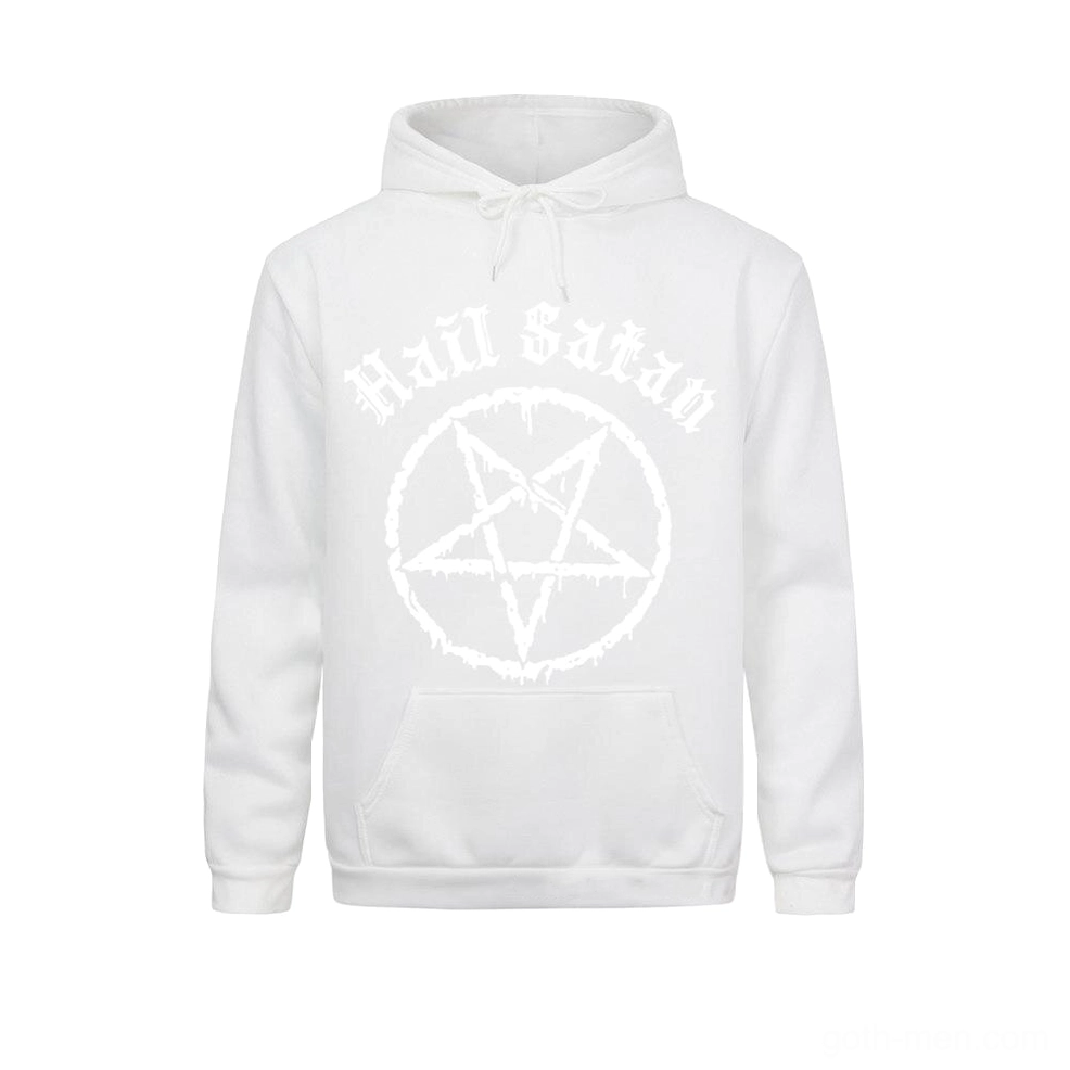 White satanic pentagram hoodie featuring bold black and white design, pure gothic aesthetic unisex sweatshirt