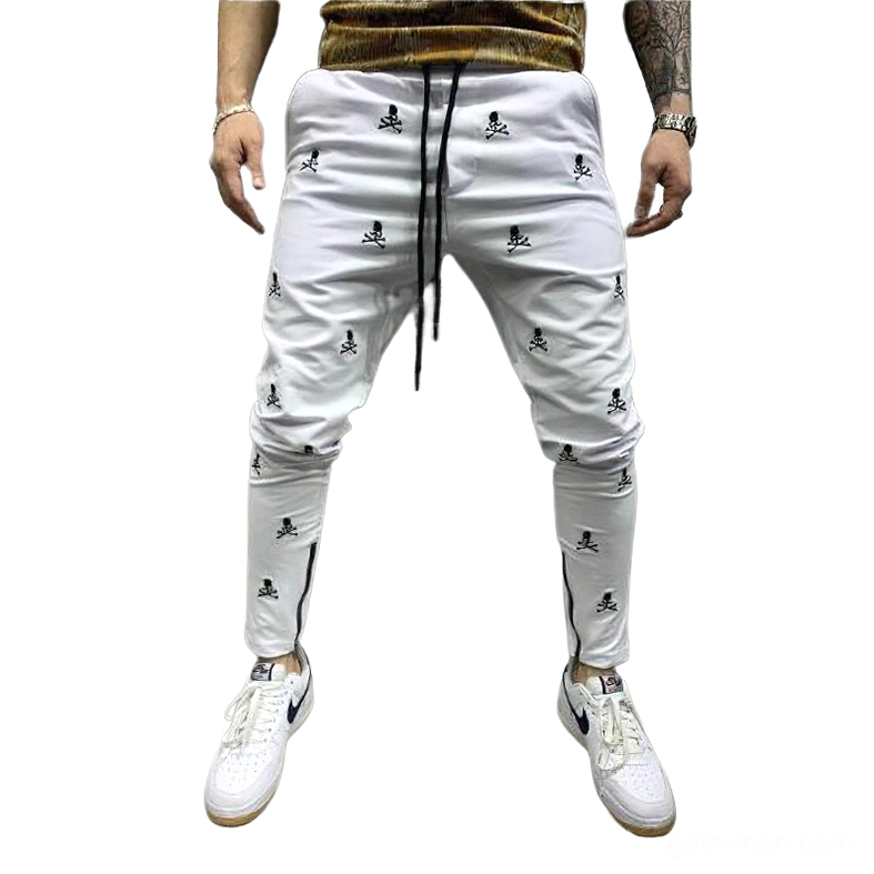 White gothic skull lace-up pencil pants with ankle zipper detail, alternative fashion mens skinny fit trousers