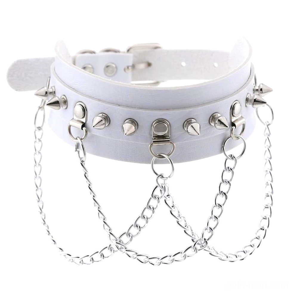 White vegan leather spiked choker with metallic spikes and chain details, fresh alternative fashion piece