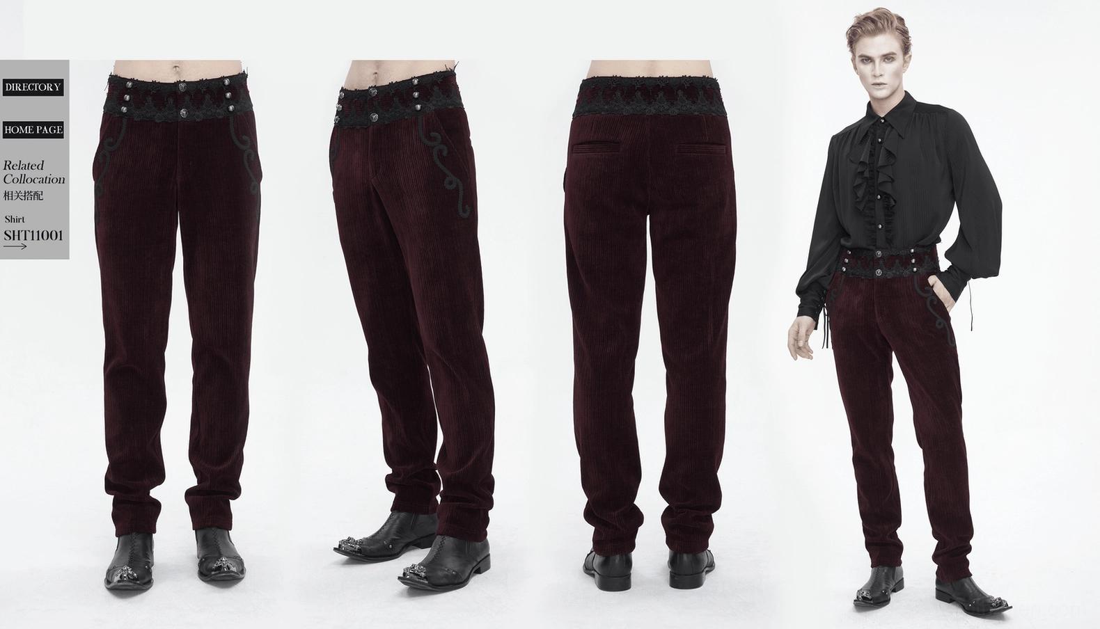 Full silhouette view of wine red lace-trimmed corduroy gothic trousers showcasing tailored fit and dark aesthetic