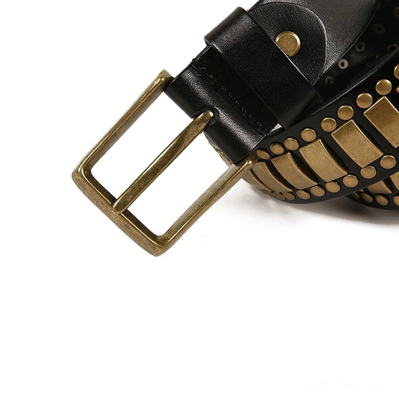Wine red geometric rivet gothic belt showing bronze stud arrangement and leather quality