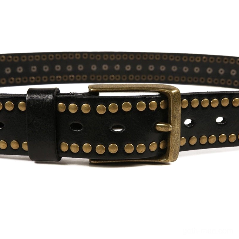 Wine red gothic belt with precision geometric bronze stud layout, industrial fashion
