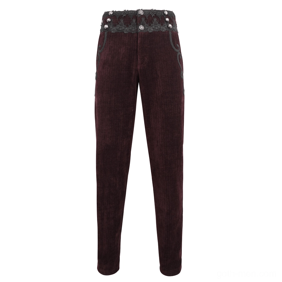 Flat lay front view of wine red corduroy gothic trousers with black lace trim, metal button hardware, and decorative waistband