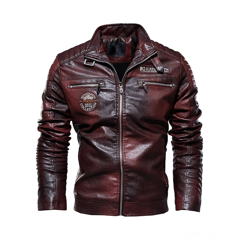 Burgundy wine red PU leather gothic biker jacket front view with embroidered collection badge detail