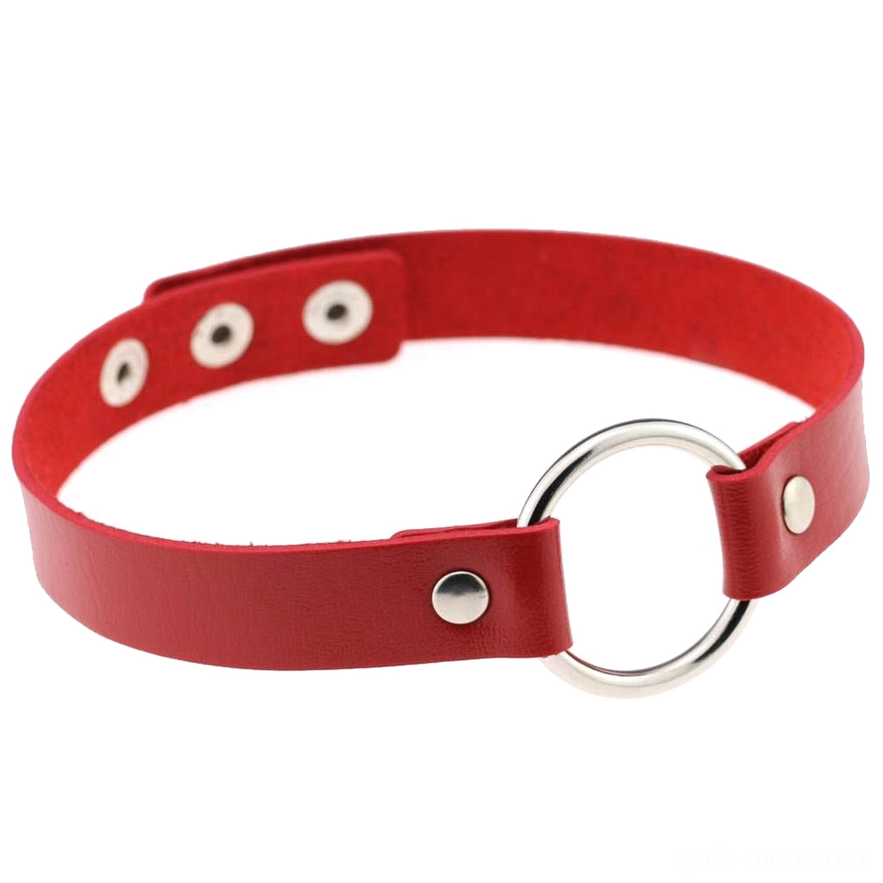Wine red dark romantic gothic choker with silver zinc alloy O-ring, premium PU leather, flat lay display