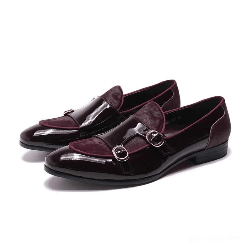 Wine Red Gothic Loafers with Gold Buckles - Three-Quarter Front Angle on White Background
