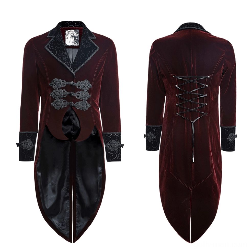 Wine red gothic tailcoat jacket flat lay front and rear view with satin inner lining on white background