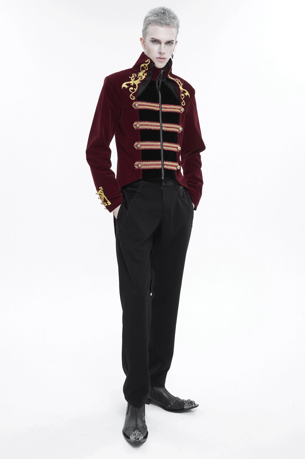 Wine red Victorian gothic tailcoat with stand collar and gold embroidery front showcase view
