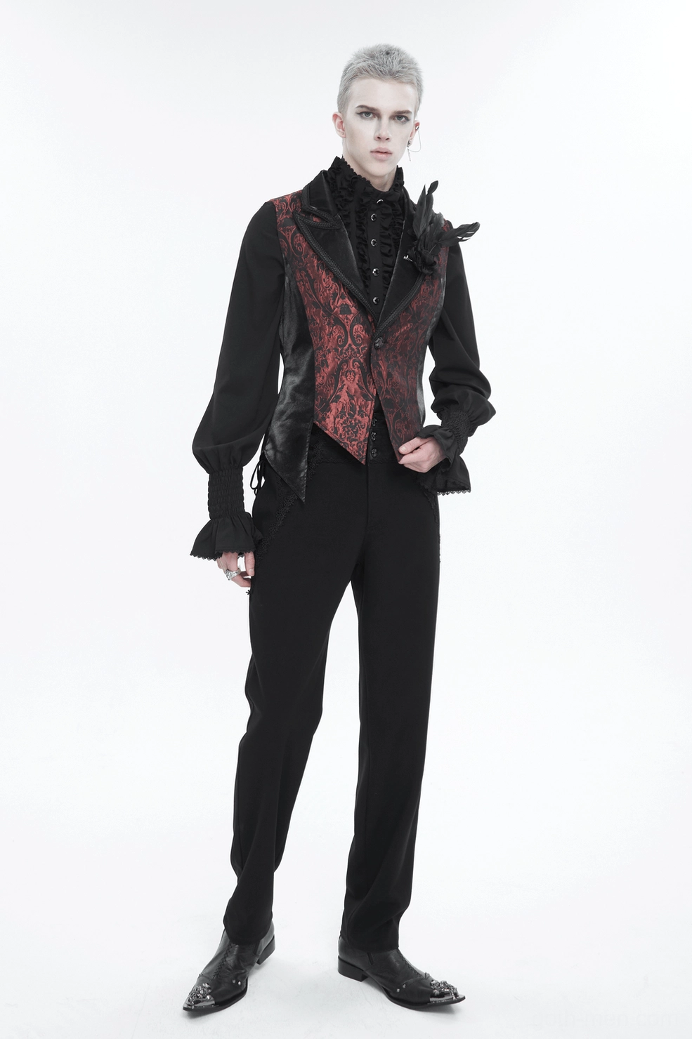 Wine red gothic waistcoat detail shot showing fabric weave and construction quality