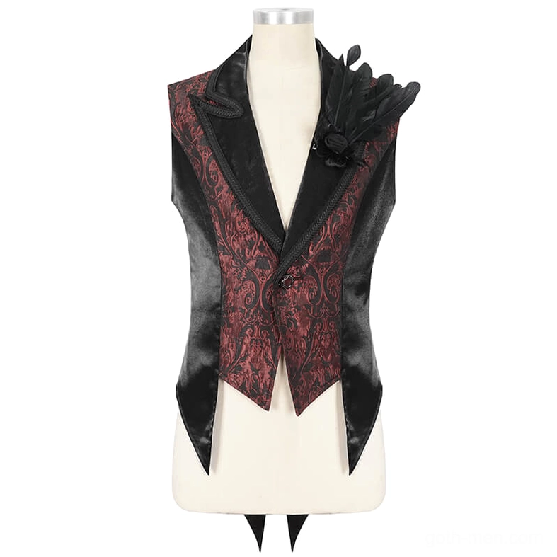 Wine red gothic waistcoat front display with black feather brooch and notched lapels
