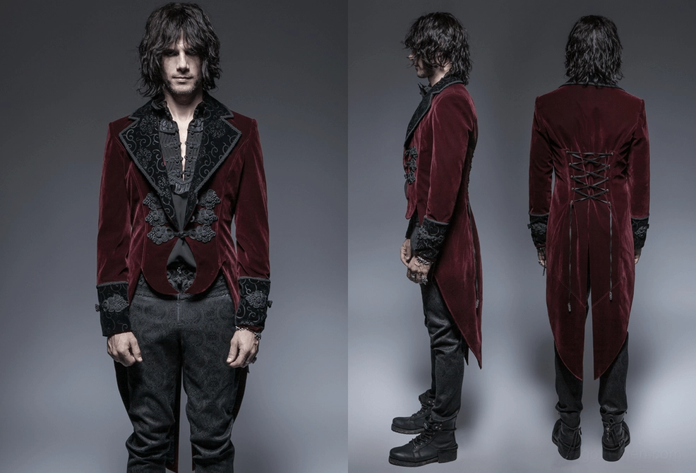 Wine red tailcoat jacket comprehensive view showing all design features, fit, and gothic aesthetic appeal