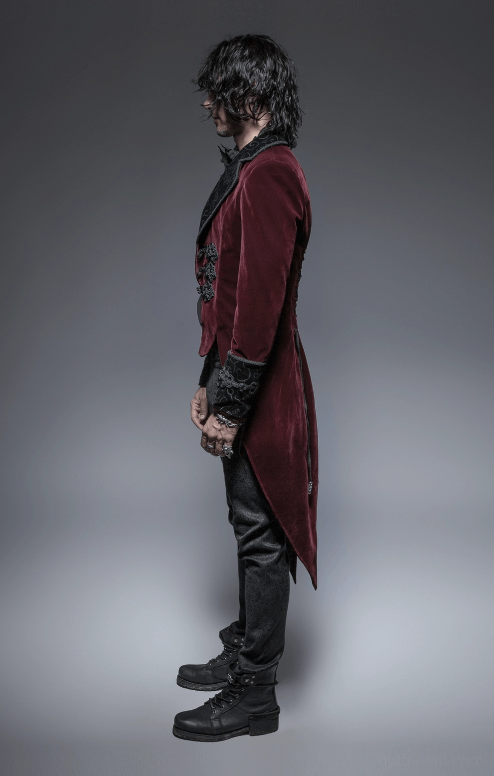 Wine red gothic tailcoat jacket detail view highlighting craftsmanship and classical design elements
