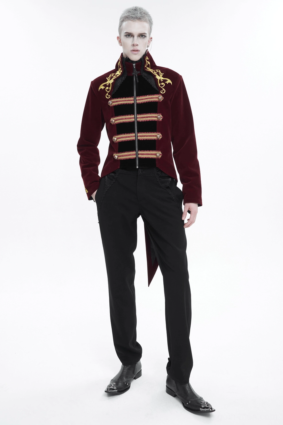 Wine red tailcoat full length view showing fitted silhouette and dramatic tail hem design