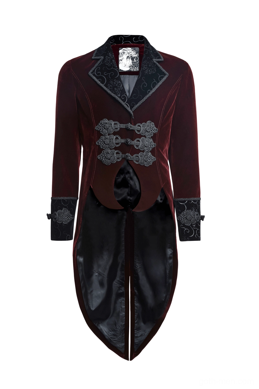 Wine red tailcoat jacket front flat lay view showcasing decorative frog fasteners and embroidered lapels detail
