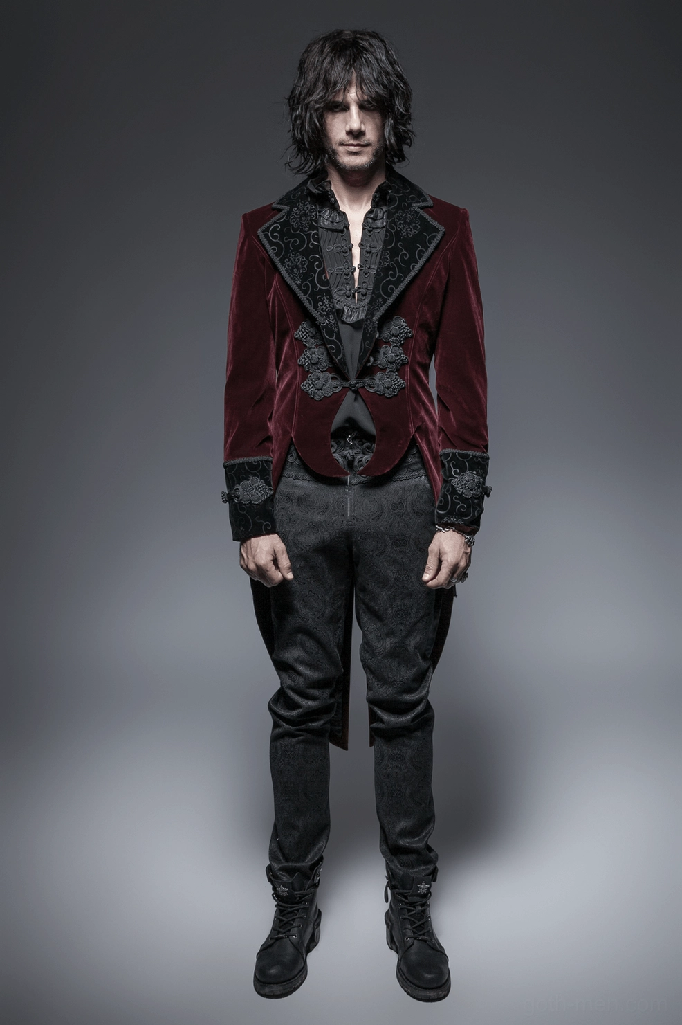 Wine red tailcoat jacket alternative angle showing decorative elements and refined gothic tailoring