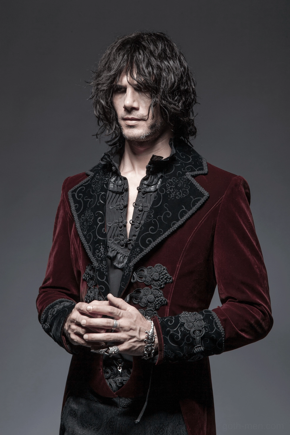 Wine red gothic tailcoat jacket full-body model shot highlighting elegant wine red color and tailored fit