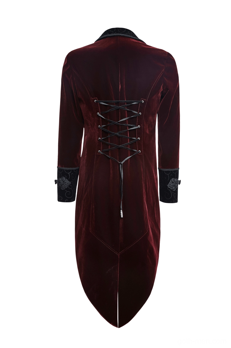 Wine red tailcoat jacket rear flat lay view highlighting lace-up corset back closure and split tail hem