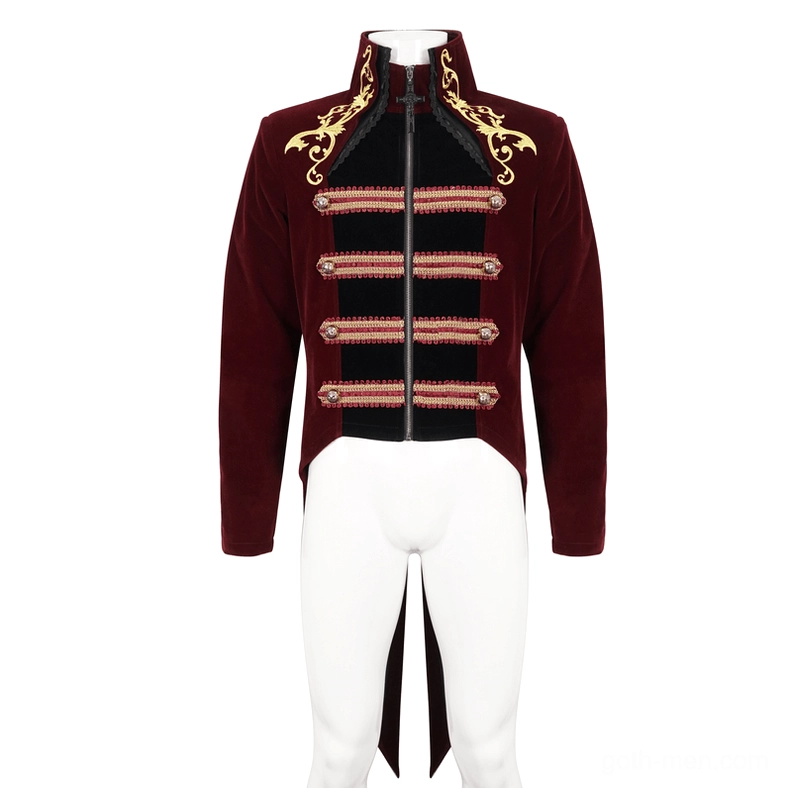 Wine red gothic tailcoat on display mannequin front full view with decorative trim and velvet finish