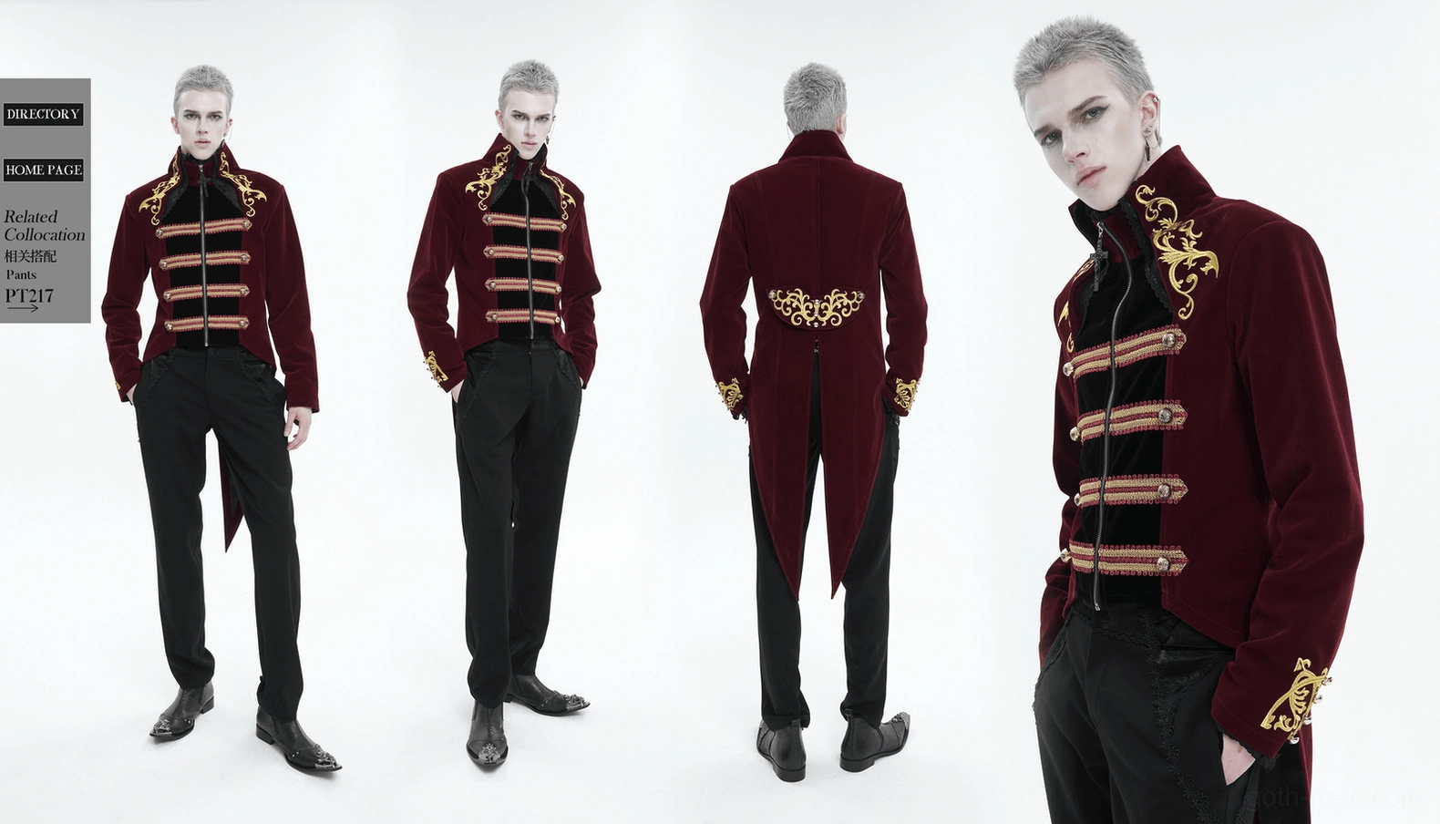 Multi-angle composite shot of wine red gothic tailcoat on multiple male models full styling