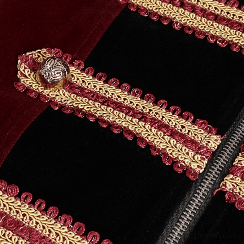Wine red tailcoat fabric detail close-up showing 100% polyester woven texture and finish quality