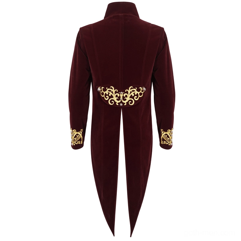Wine red gothic tailcoat rear view on mannequin displaying split tail and gold waist embellishment