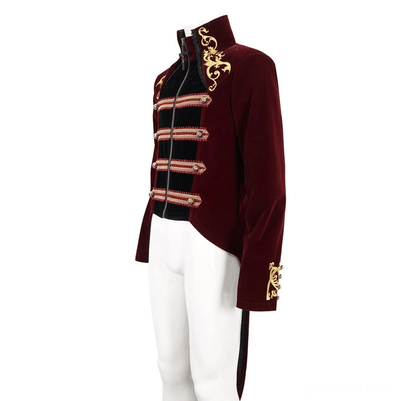 Gothic tailcoat side profile view on mannequin showing gold collar embroidery and tail hem