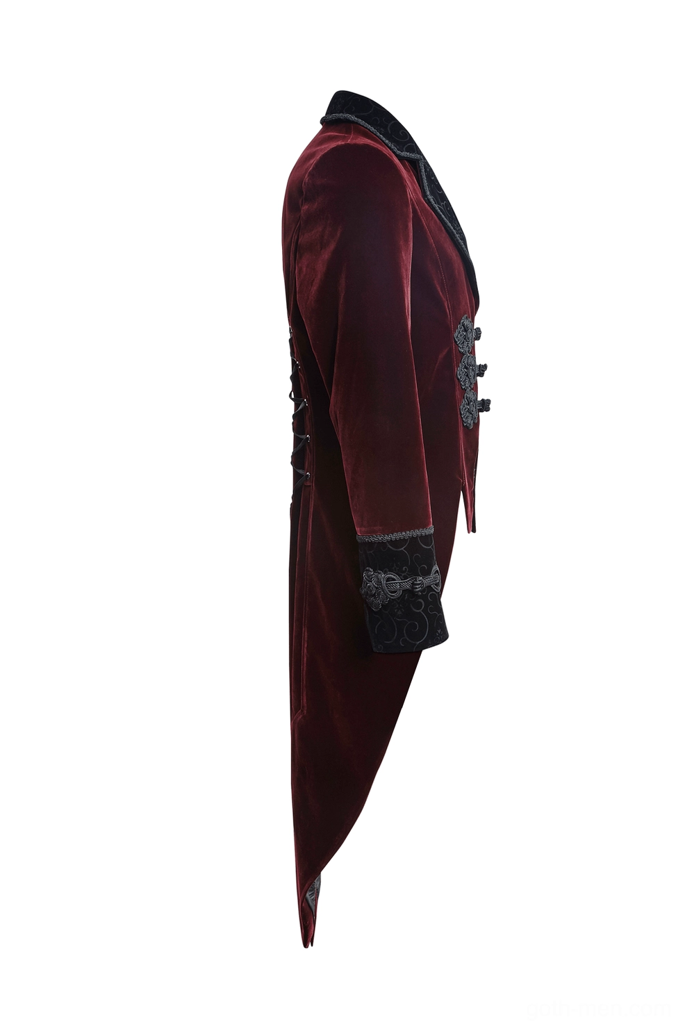 Wine red gothic tailcoat jacket side flat lay view displaying tailored slim-fit silhouette and long hem design