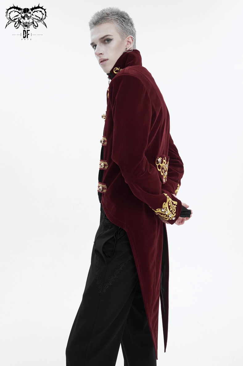 Wine red tailcoat side profile on model showing rear tail hem and gold cuff details