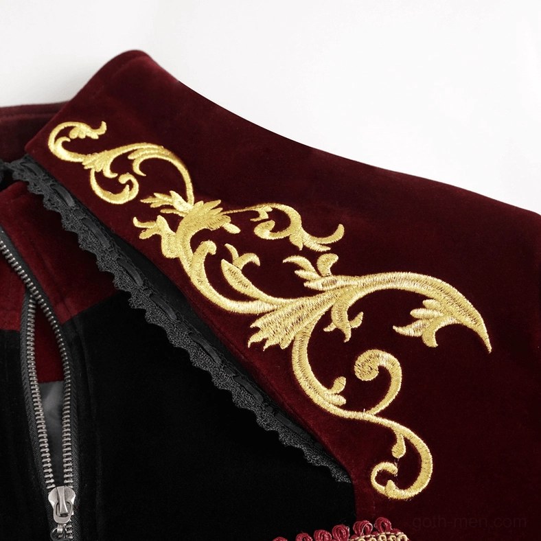 Gothic wine red tailcoat sleeve detail showing cuff embroidery and precise tailoring workmanship