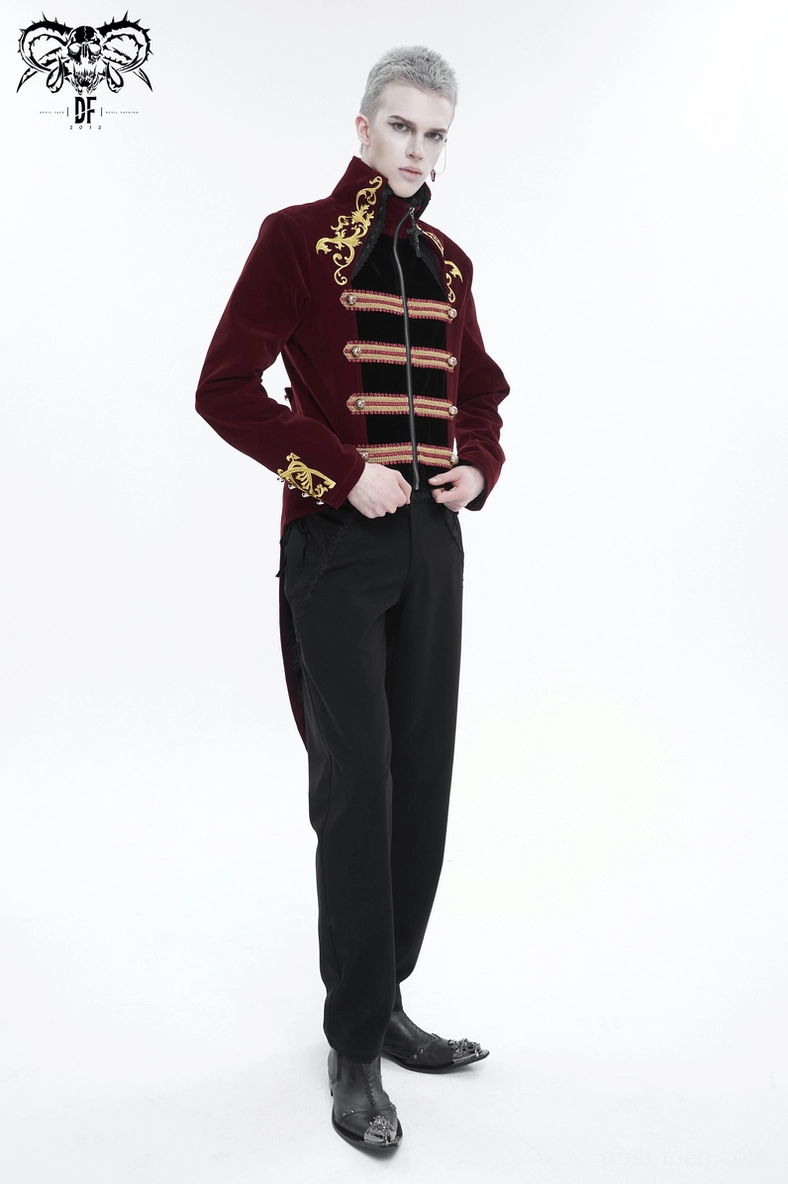 Gothic wine red tailcoat detailed view of stand collar gold embroidery and neckline construction