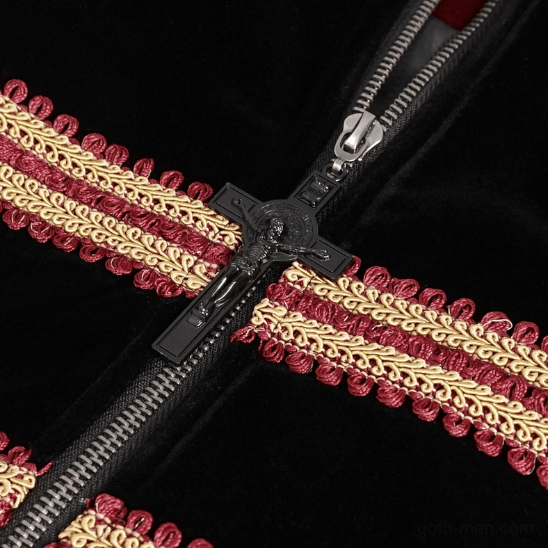 Wine red gothic tailcoat worn styling demonstration on model alternative fashion aesthetic