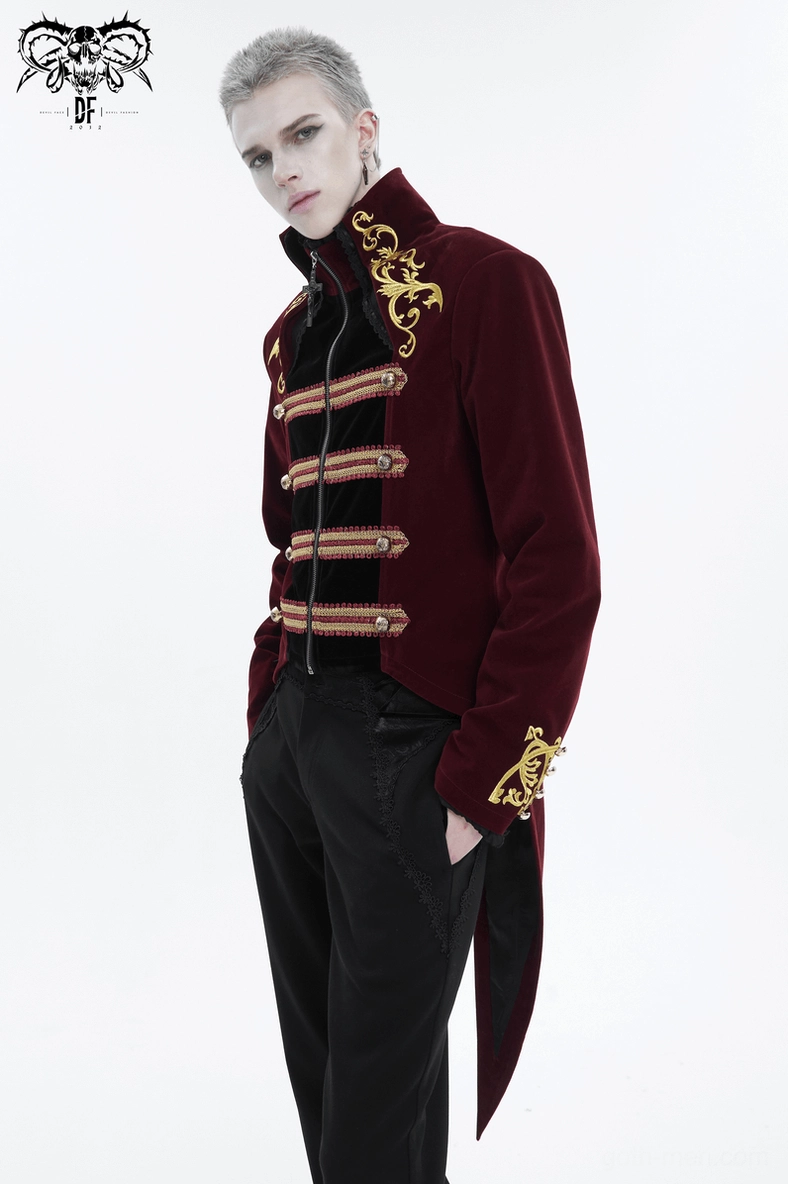 Gothic tailcoat front upper body shot on model with hand in pocket showing velvet texture