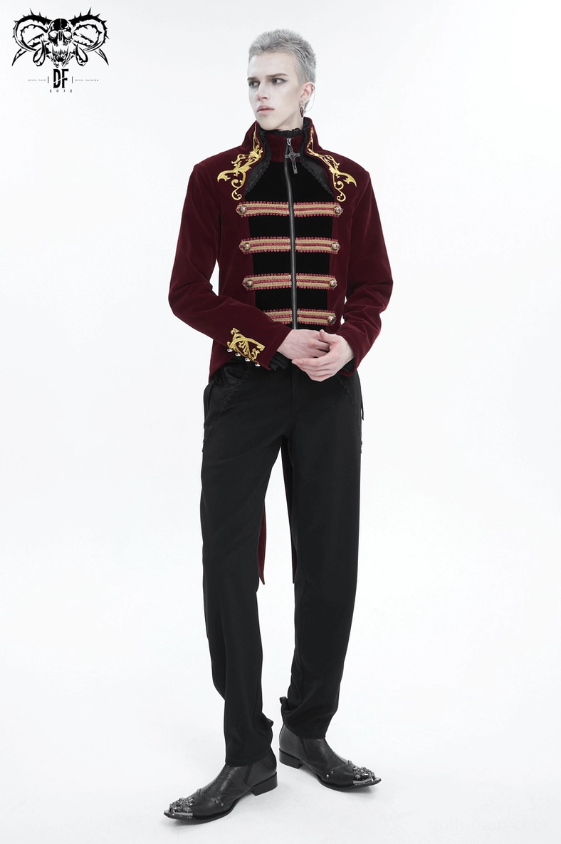 Gothic tailcoat front zipper closure detail showing modern functional design on wine red fabric