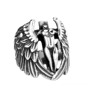 All-silver winged angel gothic ring with carved feather details, product photography