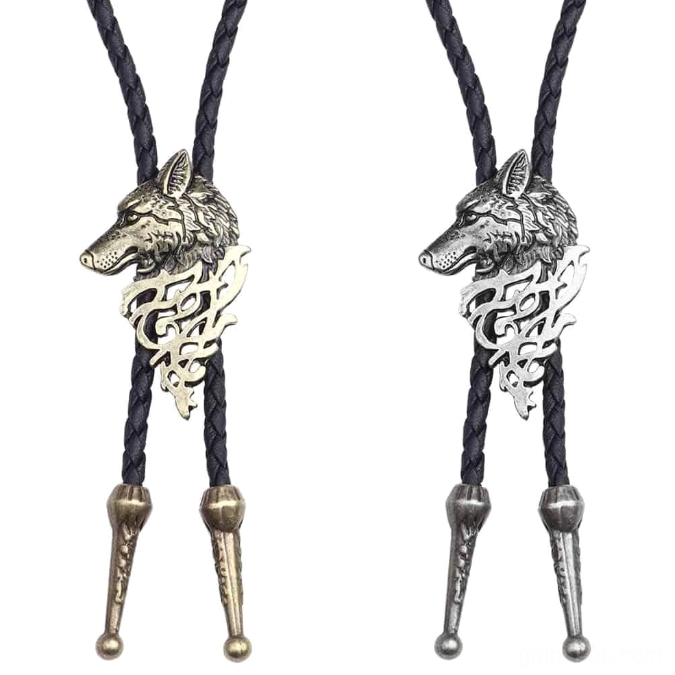 Wolf head bolo tie necklace pendant with braided rope chain, front flat view on white background, gothic choker necklace design
