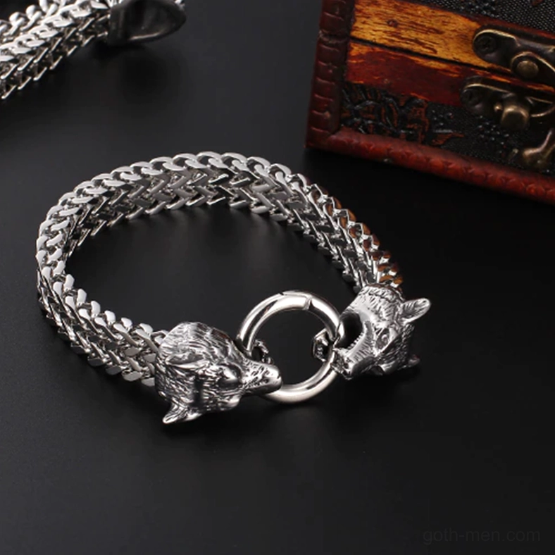 Antique silver tone wolf head stainless steel bracelet on vintage wooden box, double wolf head spring clasp detail