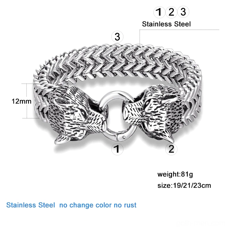 Gothic wolf head stainless steel bracelet with product specifications, 12mm chain width, rust-proof material flat lay
