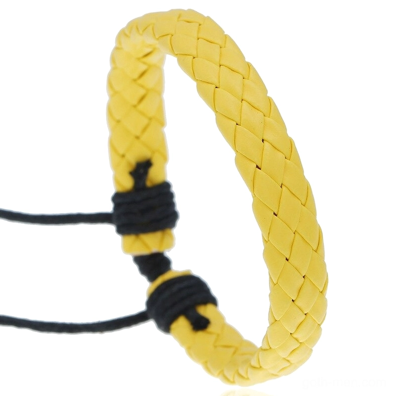 Yellow gothic braided leather bracelet with bright woven design and adjustable fit