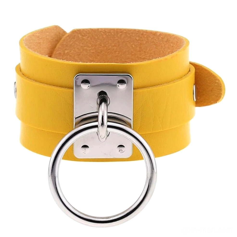 Yellow leather gothic cuff bracelet with silver metal accents, modern alternative fashion