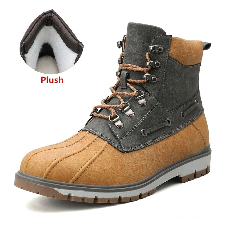 Yellow and dark gray plush lined gothic motorcycle boots warm winter warmth front view