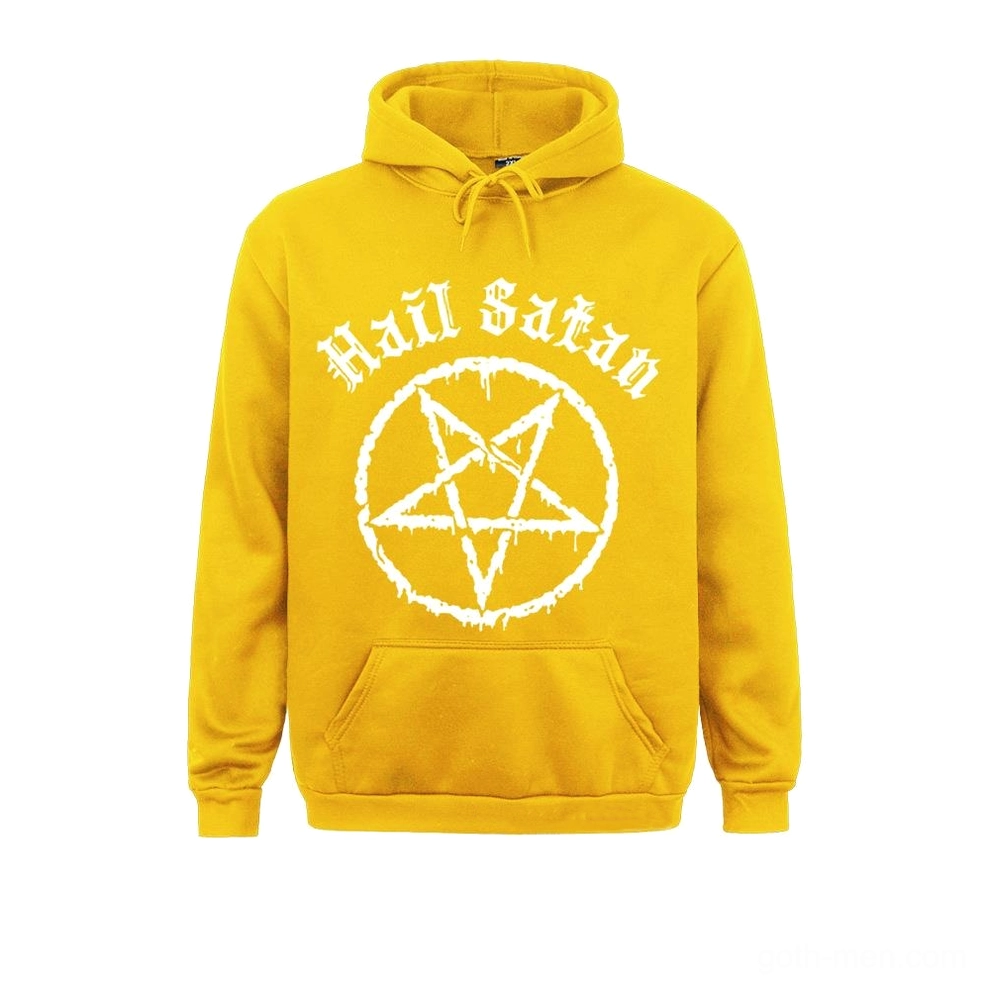 Yellow gothic pentagram hoodie size range display, unisex fit from S to 3XL, alternative streetwear sweatshirt
