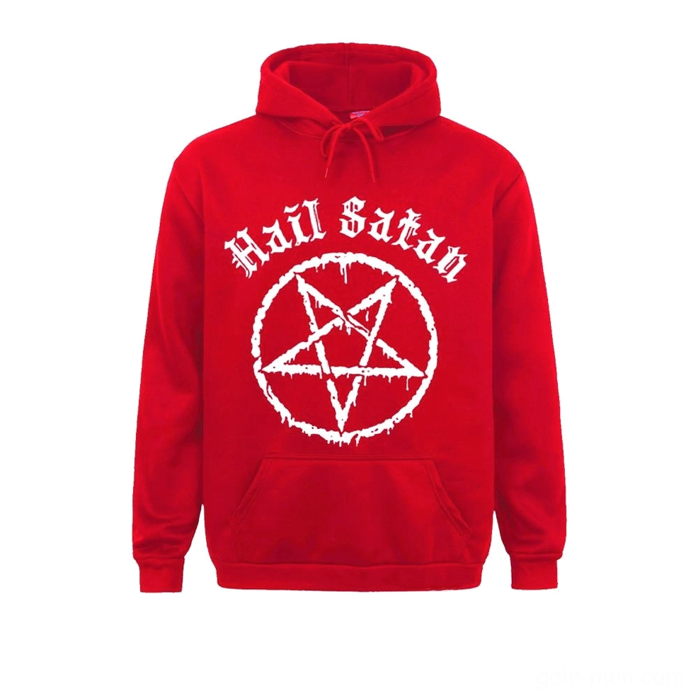 Yellow satanic pentagram hoodie with white gothic text and inverted pentagram print, bold contrarian alternative wear
