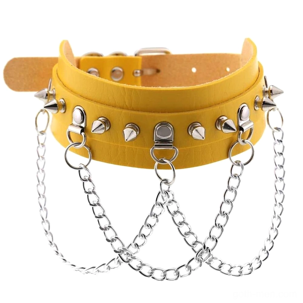 Yellow vegan leather spiked choker featuring cone spikes and multi-layer chains for bold gothic styling